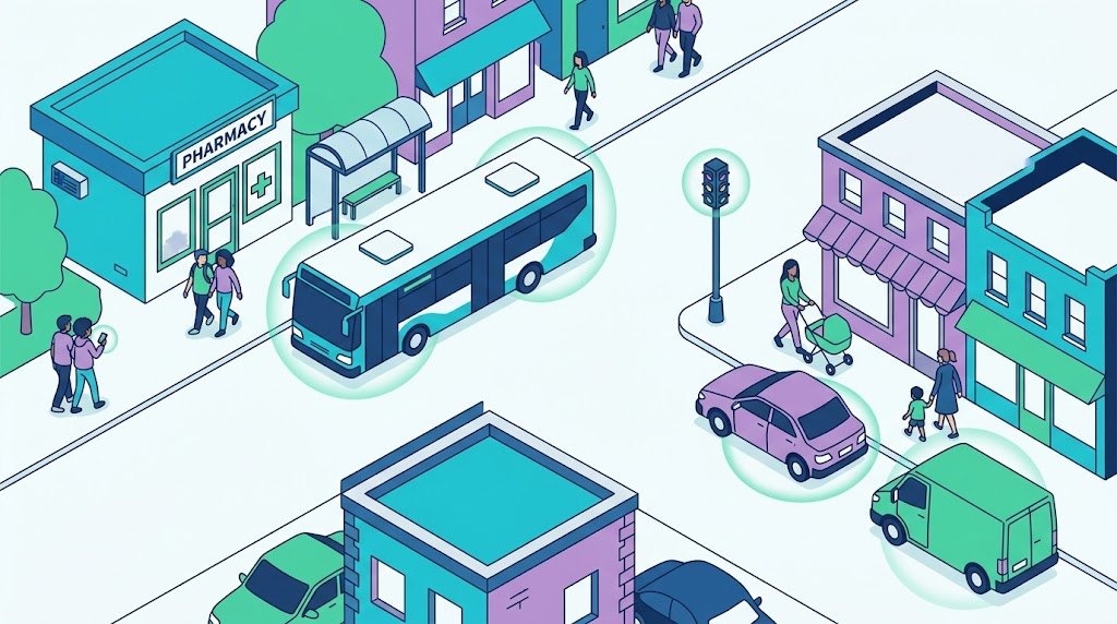 Unha rúa de barrio vista desde arriba —autobús, semáforo, farmacia, xente co móbil, coches— con halos de cor sobre os elementos que levan un sistema intelixente dentro.