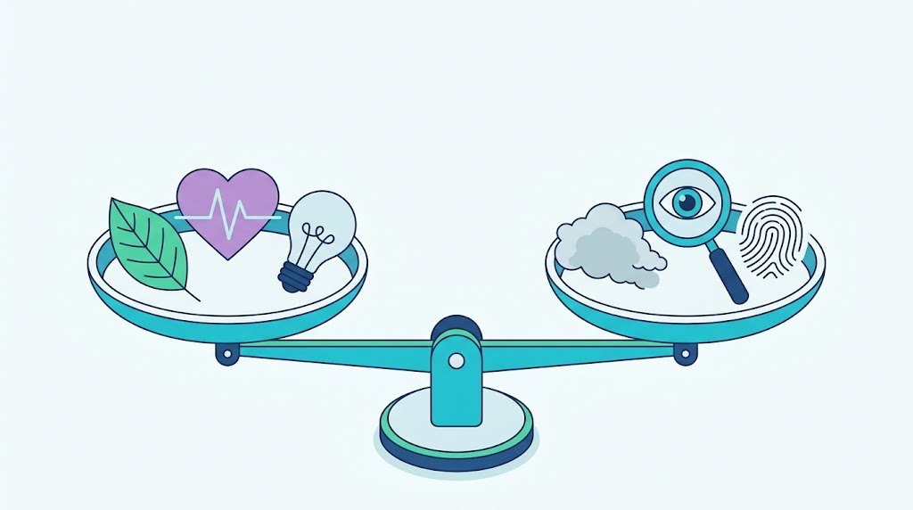 Unha balanza equilibrada: nun prato unha folla, un corazón cun pulso médico e unha lámpada; no outro unha nube de contaminación, un ollo dentro dunha lupa e unha pegada dixital.