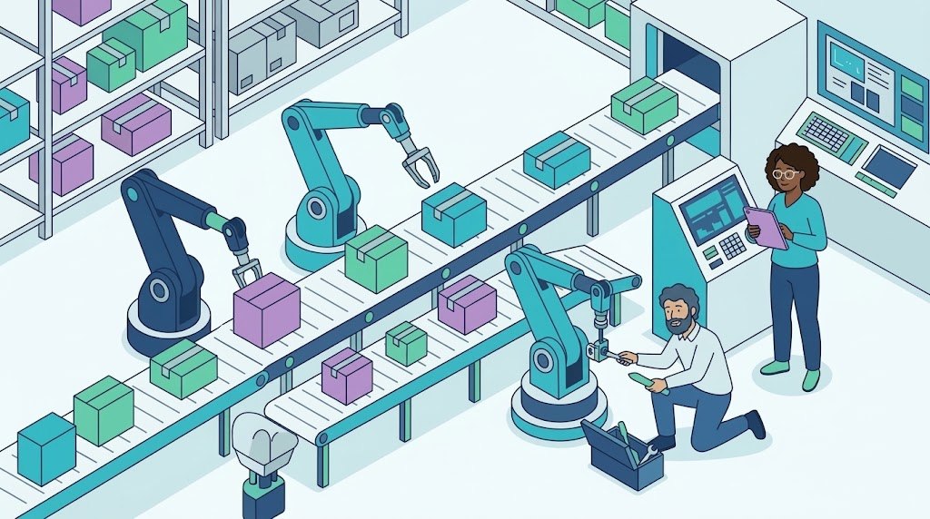 Un almacén cunha cinta de paquetes: brazos robóticos clasificando e, no mesmo plano, dúas persoas —unha revisando un panel e outra axustando un robot cunha ferramenta.