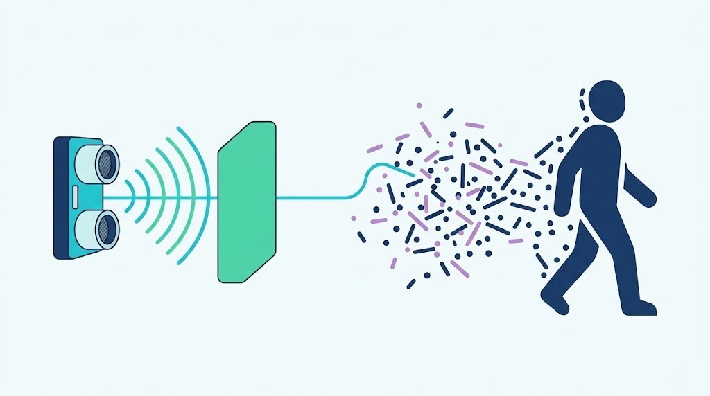 Un sensor de ultrasóns emitindo ondas; do seu cable sae unha nube de puntos soltos que, á dereita, se reagrupan formando a silueta dunha persoa camiñando.