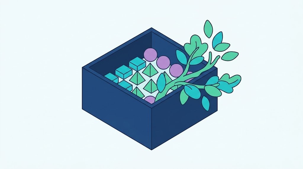 Unha caixa de liñas rectas chea de formas xeométricas ordenadas, coa rama dunha planta desbordándose polo bordo: non cabe dentro da xeometría da caixa.