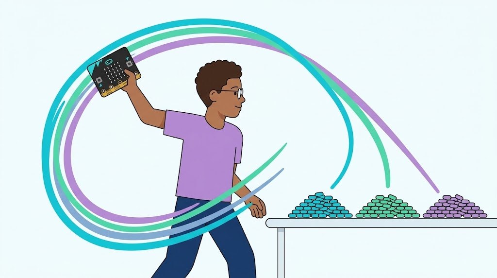 Un rapaz suxeitando un micro:bit e facendo un xesto amplo co brazo; do percorrido sae unha estela de tres trazos de cor que se recollen en tres montóns de mostras.