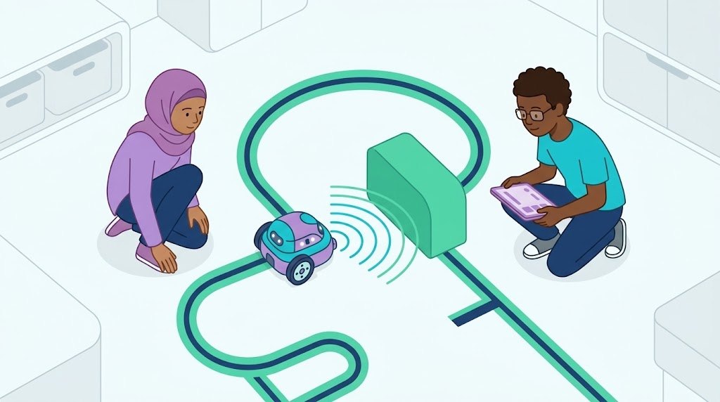 Un percorrido marcado no chan con cinta de cor; un robot pequeno de dúas rodas detense ante un obstáculo cun arco de detección, e dous adolescentes obsérvano, un cunha tableta.