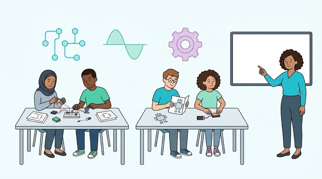 Unha aula vista desde o fondo: catro adolescentes traballando en dúas mesas con material de electrónica e papel, e unha profesora de pé sinalando unha pantalla baleira.